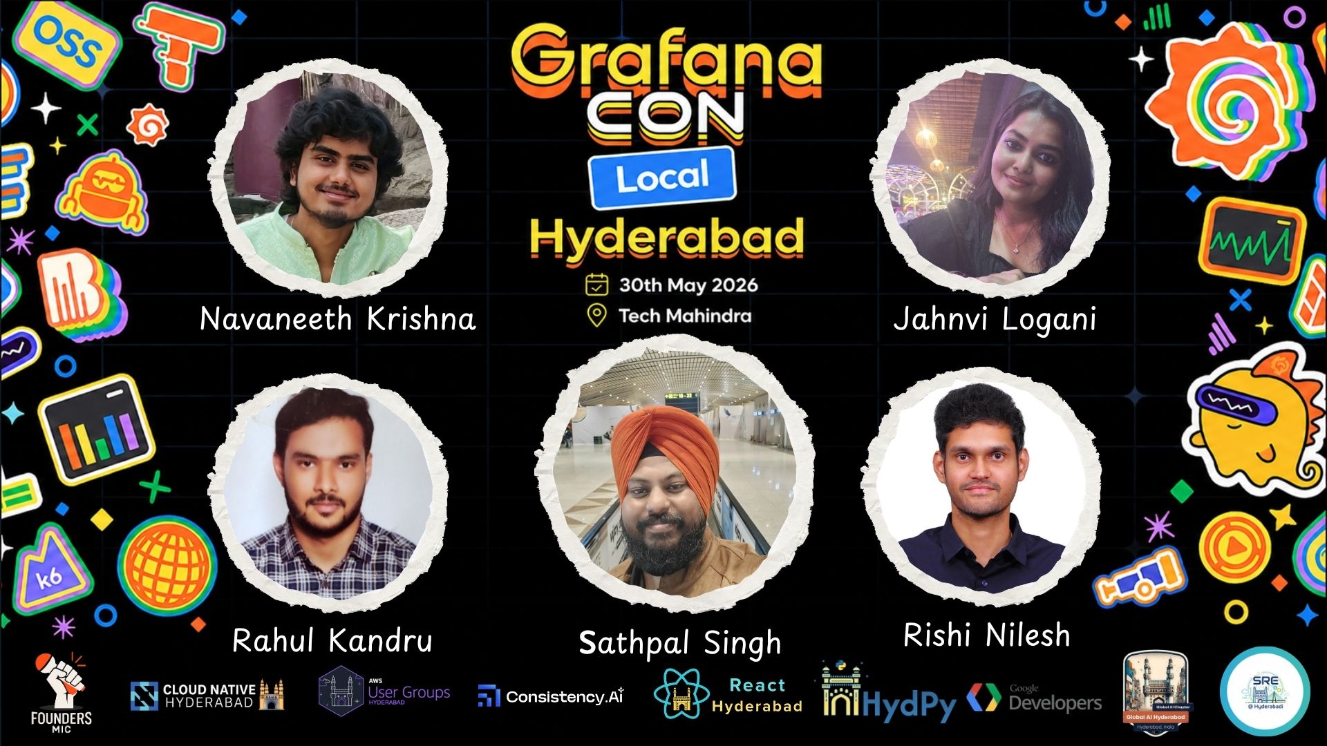 GrafanaCON Local Hyderabad organizers: Sathpal Singh, Navaneeth Krishna, Jahnvi Logani, Rahul Kandru, Rishi Nilesh